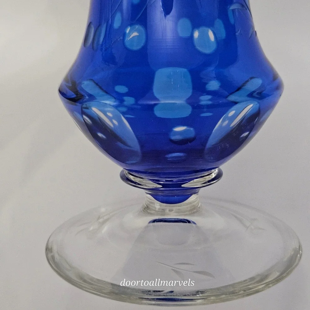 VTG Val St Lambert Footed Vase Cobalt Blue Cut-to-Clear Crystal Europe Art Deco